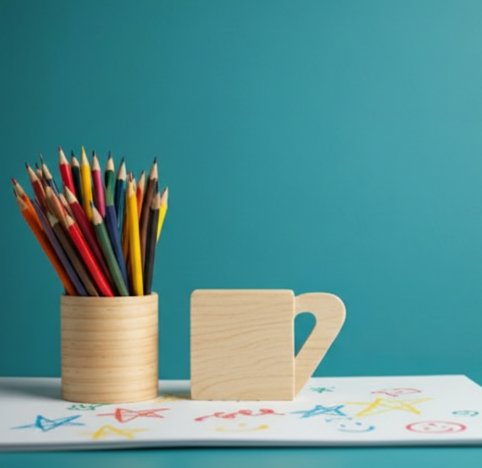 Child's desk with colorful pencils and drawings