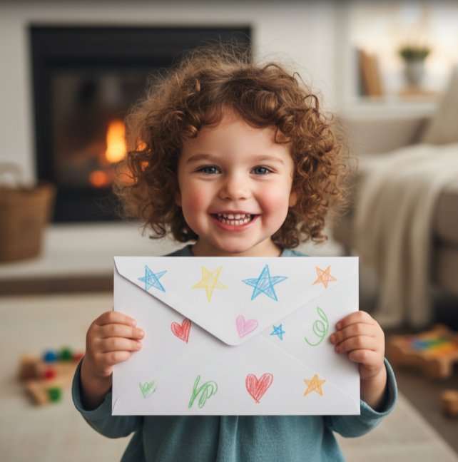 Happy child holding a colorful scribbled envelope